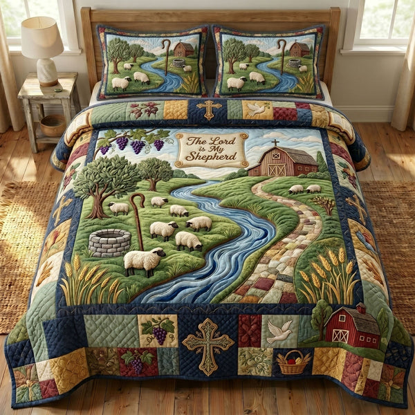 Christian Faith quilted 3-piece bedding set on a made bed in a softly lit bedroom