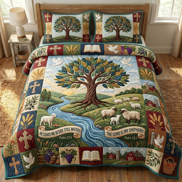 Christian Faith quilted 3-piece bedding set on a made bed in a softly lit bedroom