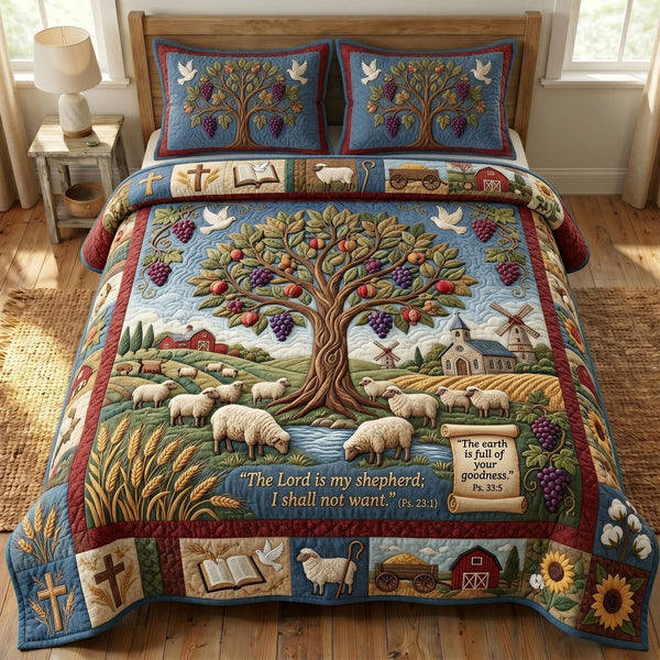 Christian Faith quilted 3-piece bedding set on a made bed in a softly lit bedroom