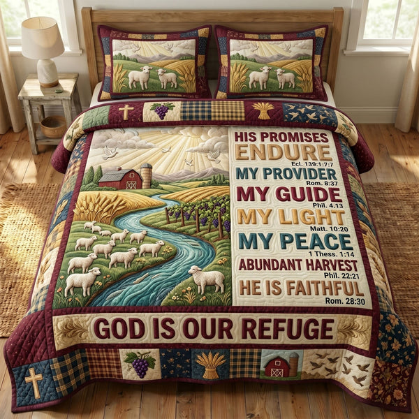 Christian Faith quilted 3-piece bedding set on a made bed in a softly lit bedroom