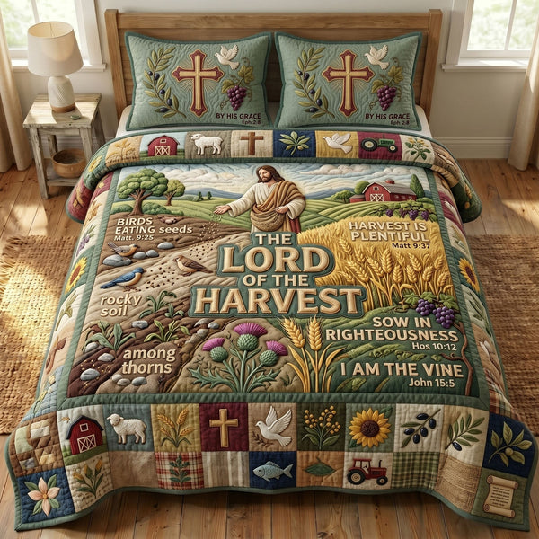Christian Faith quilted 3-piece bedding set on a made bed in a softly lit bedroom