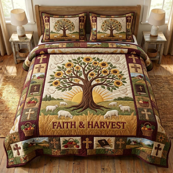 Christian Faith quilted 3-piece bedding set on a made bed in a softly lit bedroom
