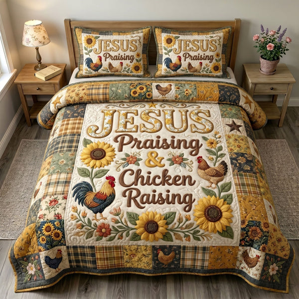 Christian Farmer quilted 3-piece bedding set on a made bed in a softly lit bedroom
