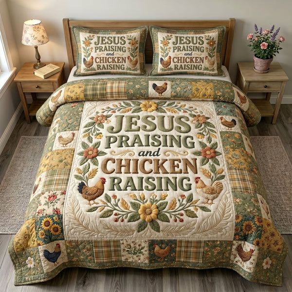 Christian Farmer quilted 3-piece bedding set on a made bed in a softly lit bedroom