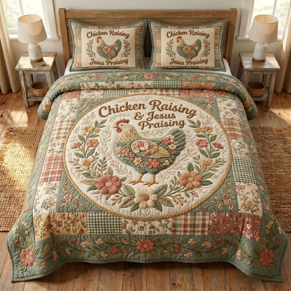 Christian Farmer quilted 3-piece bedding set on a made bed in a softly lit bedroom