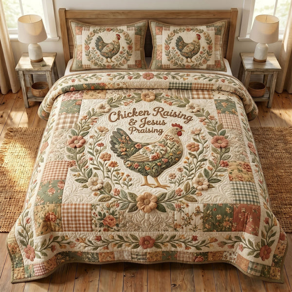 Christian Farmer quilted 3-piece bedding set on a made bed in a softly lit bedroom