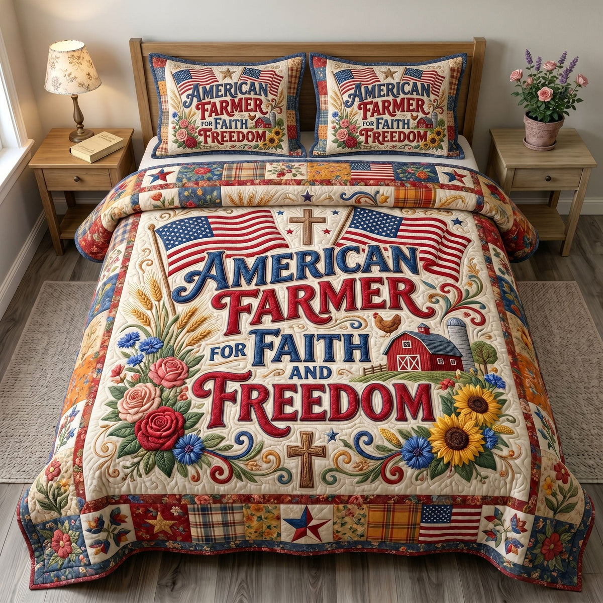 Christian Patriotic 3-Piece Quilted Bedding Set - Design 4 — quilt and two matching pillow shams