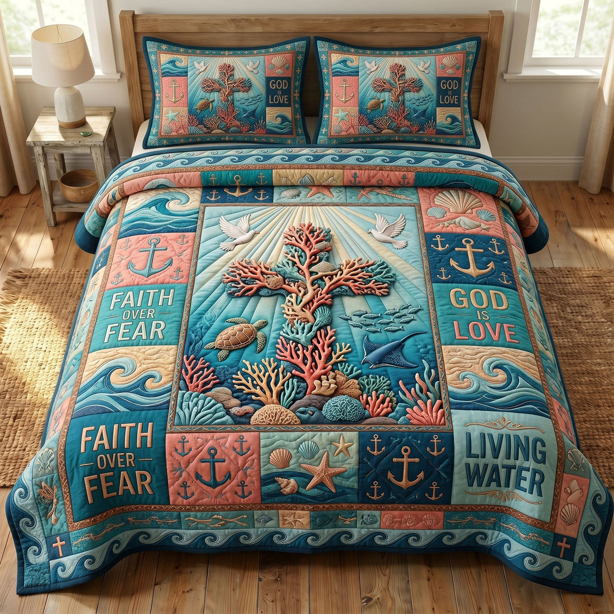 Coastal Christian 3-Piece Quilted Bedding Set - Design 1 — quilt and two matching pillow shams