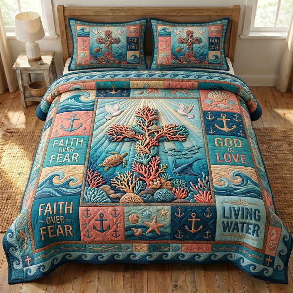 Coastal Christian quilted 3-piece bedding set on a made bed in a softly lit bedroom