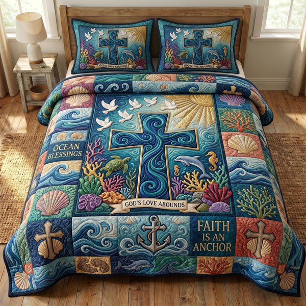 Coastal Christian quilted 3-piece bedding set on a made bed in a softly lit bedroom