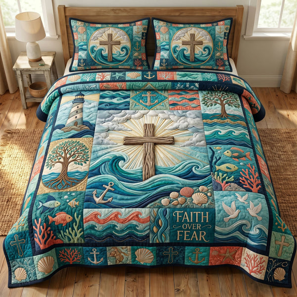 Coastal Christian quilted 3-piece bedding set on a made bed in a softly lit bedroom