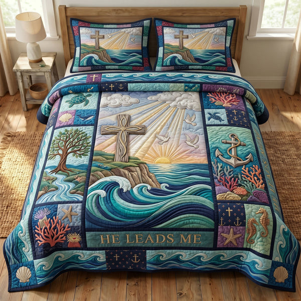 Coastal Christian quilted 3-piece bedding set on a made bed in a softly lit bedroom
