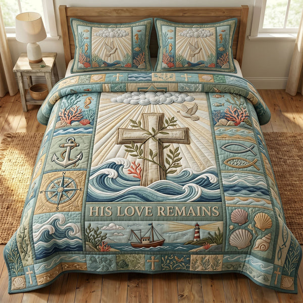 Coastal Christian quilted 3-piece bedding set on a made bed in a softly lit bedroom