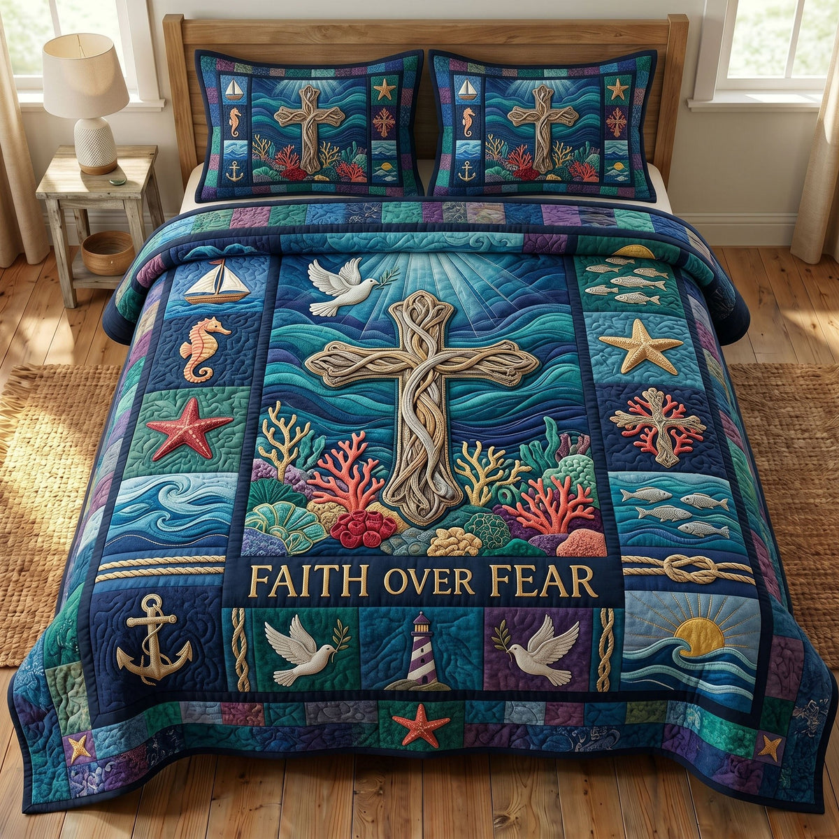 Coastal Christian 3-Piece Quilted Bedding Set - Design 6 — quilt and two matching pillow shams