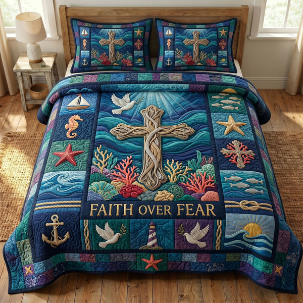 Coastal Christian quilted 3-piece bedding set on a made bed in a softly lit bedroom