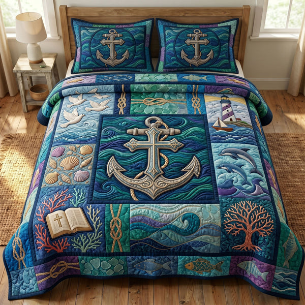Coastal Christian quilted 3-piece bedding set on a made bed in a softly lit bedroom