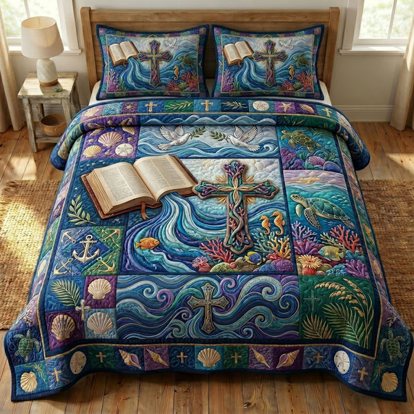 Coastal Christian quilted 3-piece bedding set on a made bed in a softly lit bedroom