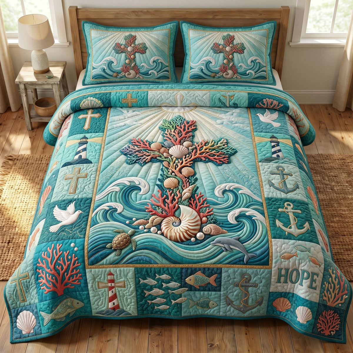 Coastal Christian 3-Piece Quilted Bedding Set - Design 9 — quilt and two matching pillow shams