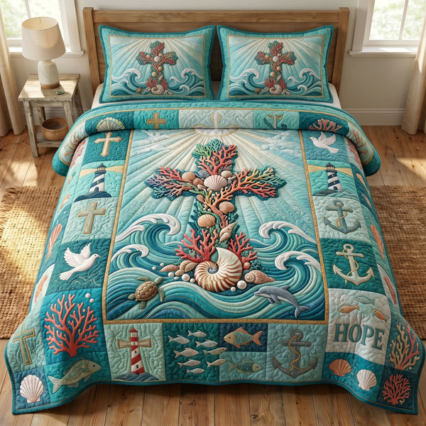 Coastal Christian quilted 3-piece bedding set on a made bed in a softly lit bedroom