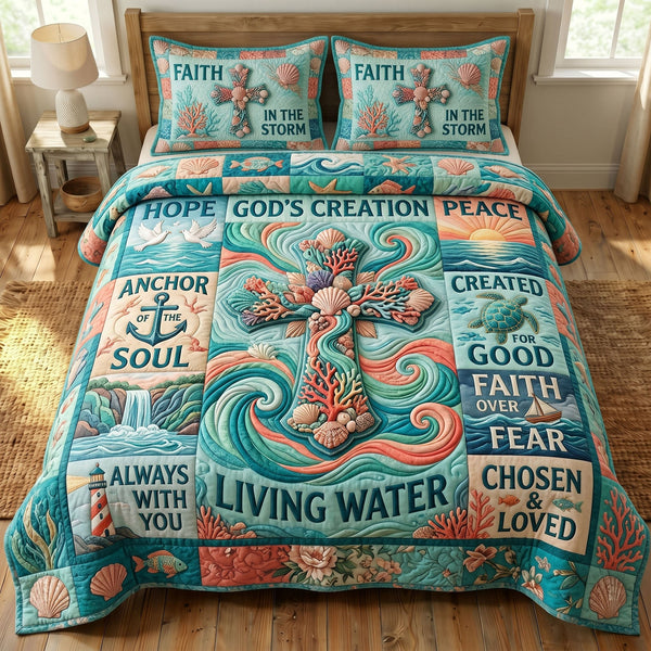 Coastal Christian quilted 3-piece bedding set on a made bed in a softly lit bedroom