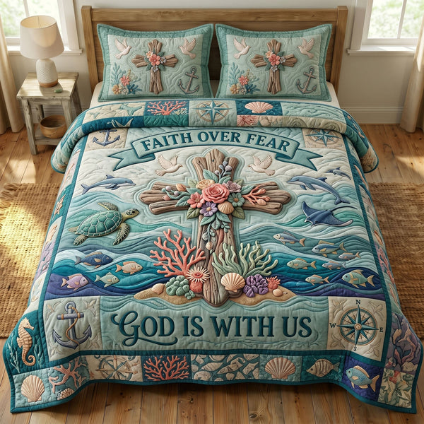 Coastal Christian quilted 3-piece bedding set on a made bed in a softly lit bedroom