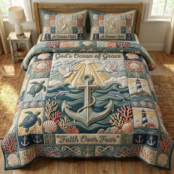 Coastal Christian quilted 3-piece bedding set on a made bed in a softly lit bedroom