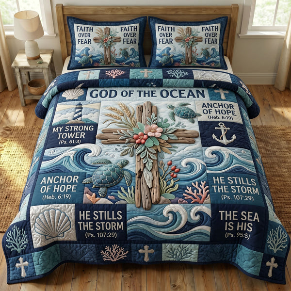 Coastal Christian quilted 3-piece bedding set on a made bed in a softly lit bedroom