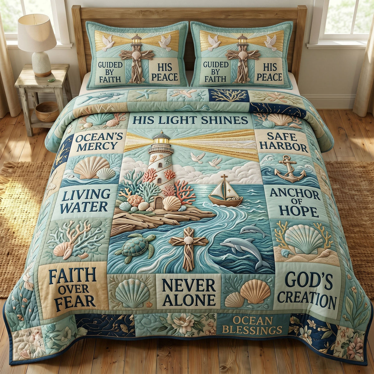 Coastal Christian 3-Piece Quilted Bedding Set - Design 14 — quilt and two matching pillow shams