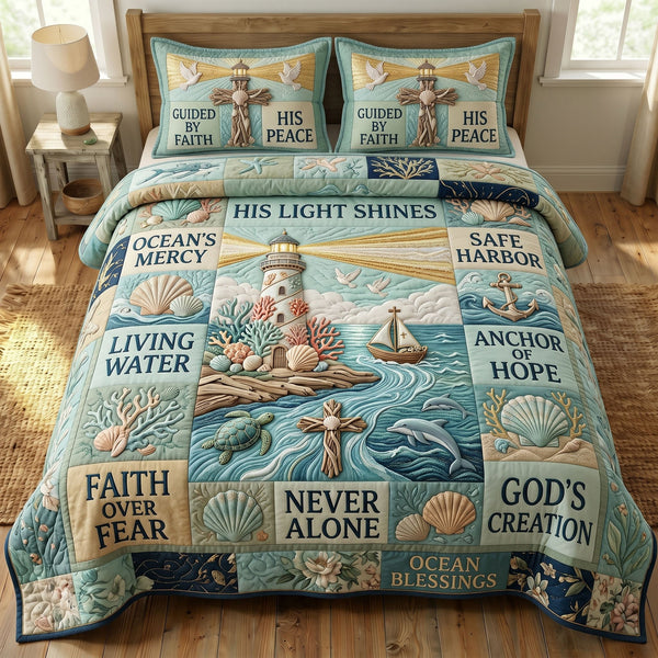 Coastal Christian quilted 3-piece bedding set on a made bed in a softly lit bedroom