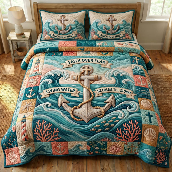 Coastal Christian quilted 3-piece bedding set on a made bed in a softly lit bedroom