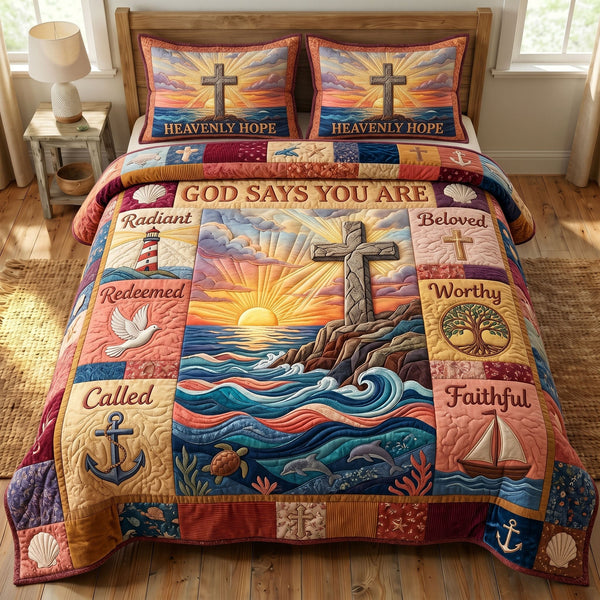 Coastal Christian quilted 3-piece bedding set on a made bed in a softly lit bedroom
