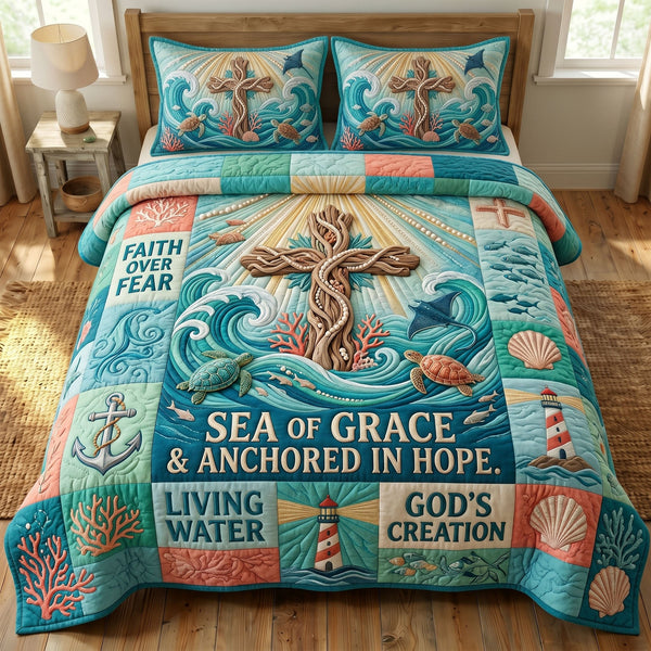 Coastal Christian quilted 3-piece bedding set on a made bed in a softly lit bedroom