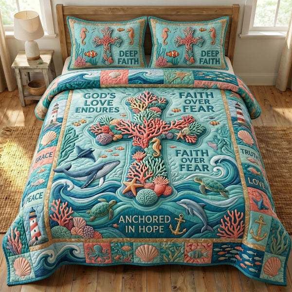 Coastal Christian quilted 3-piece bedding set on a made bed in a softly lit bedroom