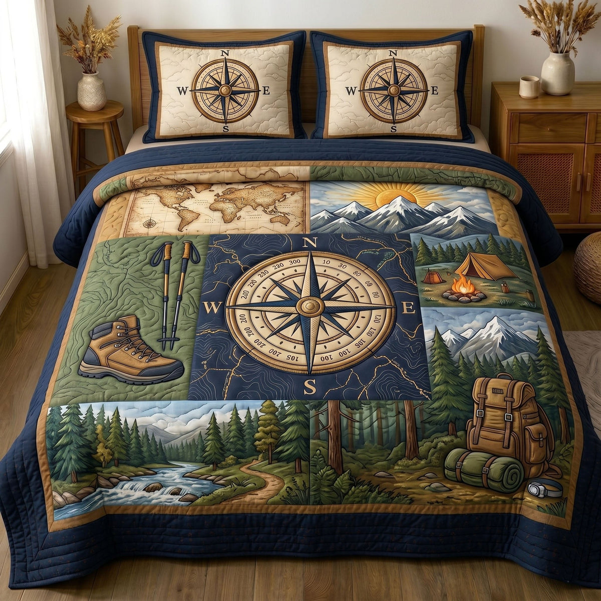 Camping Life 3-Piece Quilted Bedding Set - Design 14 — quilt and two matching pillow shams