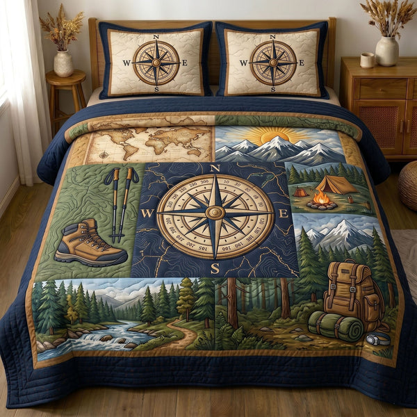 Camping Life quilted 3-piece bedding set on a made bed with two matching pillow shams