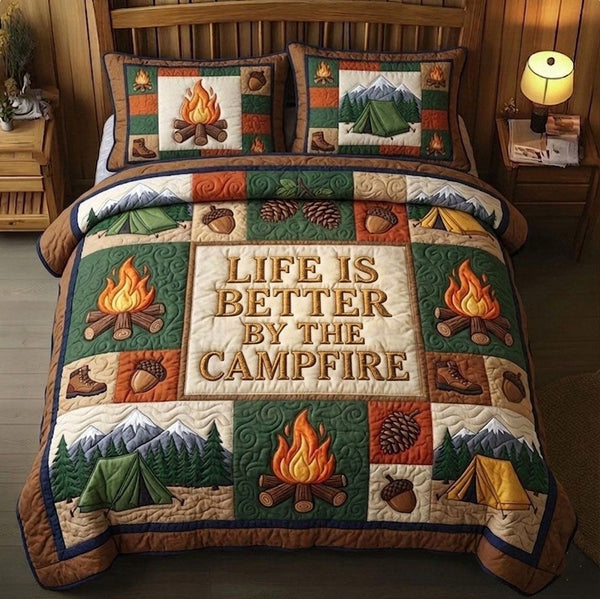 Camping Life quilted 3-piece bedding set on a made bed with two matching pillow shams
