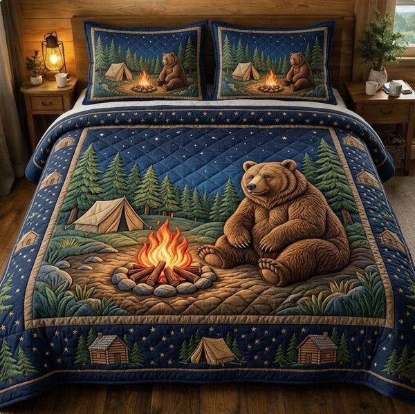 Camping Life quilted 3-piece bedding set on a made bed with two matching pillow shams