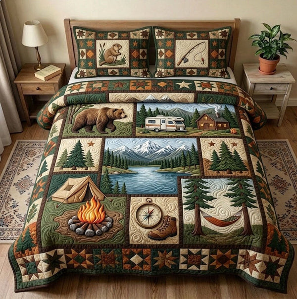 Camping Life quilted 3-piece bedding set on a made bed with two matching pillow shams