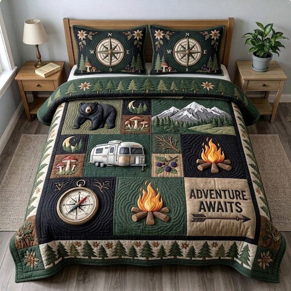 Camping Life quilted 3-piece bedding set on a made bed with two matching pillow shams