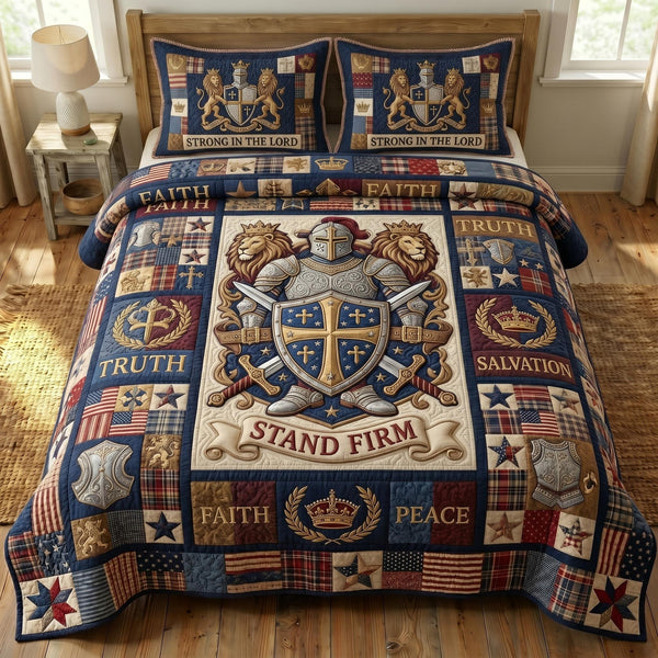 Armor Of God quilted 3-piece bedding set on a made bed in a softly lit bedroom