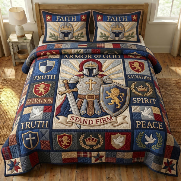 Armor Of God quilted 3-piece bedding set on a made bed in a softly lit bedroom