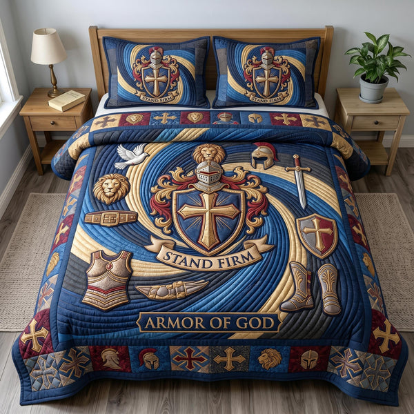 Armor Of God quilted 3-piece bedding set on a made bed in a softly lit bedroom