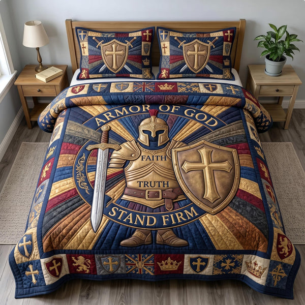 Armor Of God quilted 3-piece bedding set on a made bed in a softly lit bedroom
