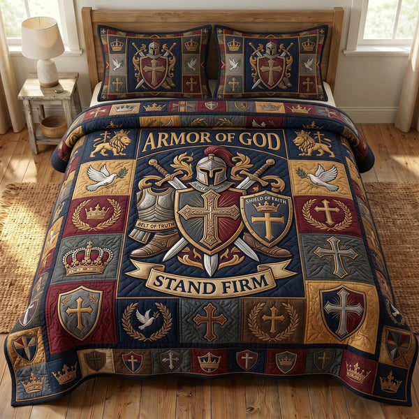 Armor Of God quilted 3-piece bedding set on a made bed in a softly lit bedroom