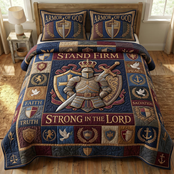Armor Of God quilted 3-piece bedding set on a made bed in a softly lit bedroom