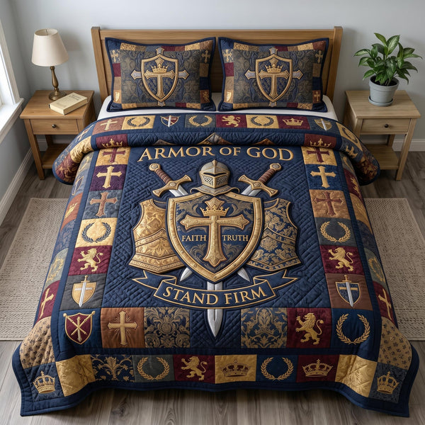 Armor Of God quilted 3-piece bedding set on a made bed in a softly lit bedroom