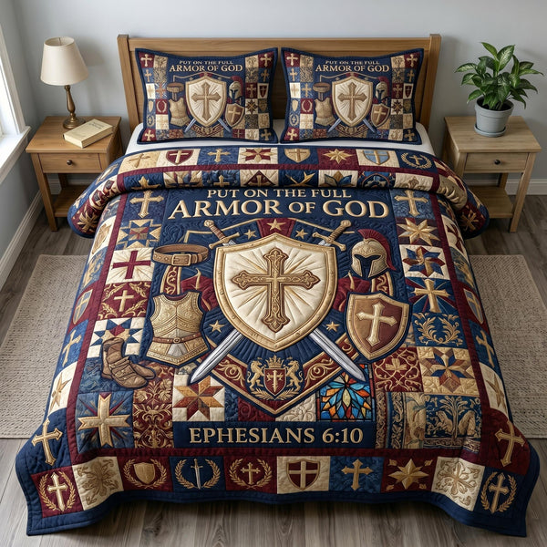 Armor Of God quilted 3-piece bedding set on a made bed in a softly lit bedroom