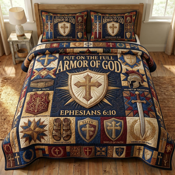 Armor Of God quilted 3-piece bedding set on a made bed in a softly lit bedroom