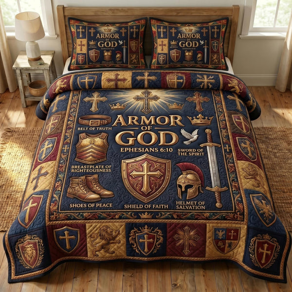 Armor Of God quilted 3-piece bedding set on a made bed in a softly lit bedroom