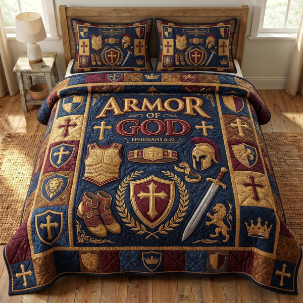 Armor Of God quilted 3-piece bedding set on a made bed in a softly lit bedroom